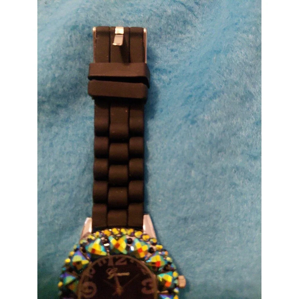 New Black Water Resistant With Blue Iridescent Rhinestone Designed Watch Analog